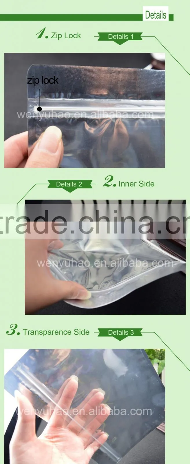 lamination zipper one side clear plastic custom design aluminum foil packing bag with air hole