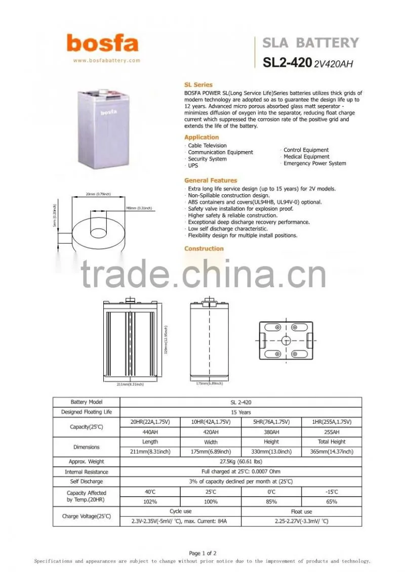 SL2-420 2v420ah industrial battery 2v 420ah 30v battery 2v deep cycle lead acid battery