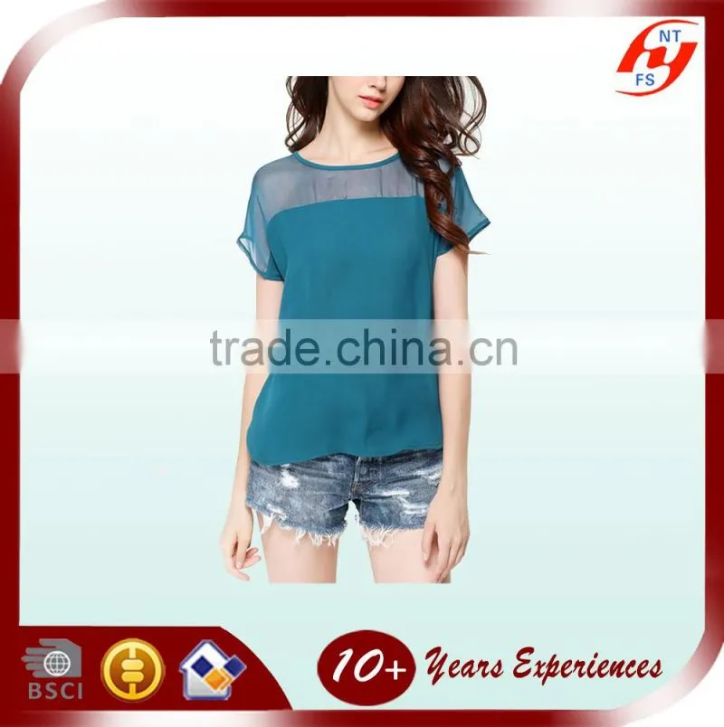 2016 high quality fashion design ladies sheer summer short sleeve green blouse