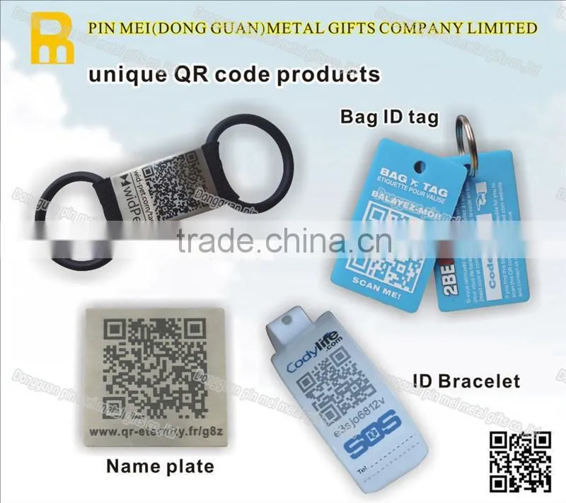 Custom shaped metal id tag keychain with laser qr code id number info