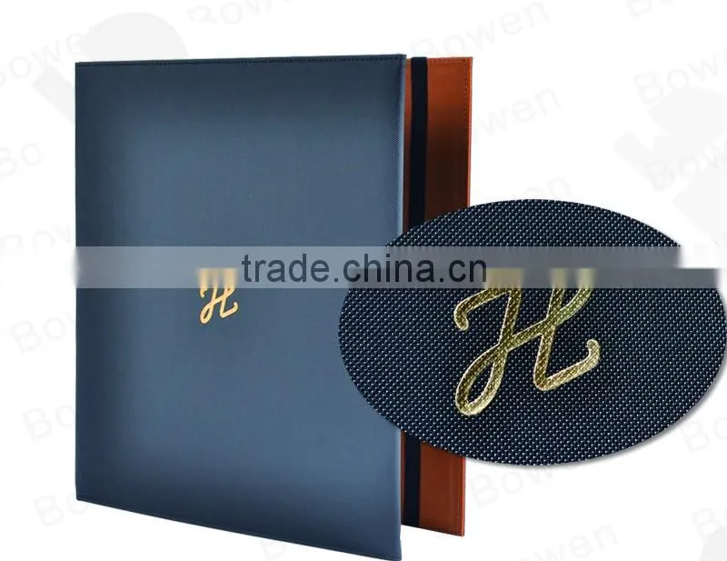 Three fold leather file folder with metal D ring binder and elastic band