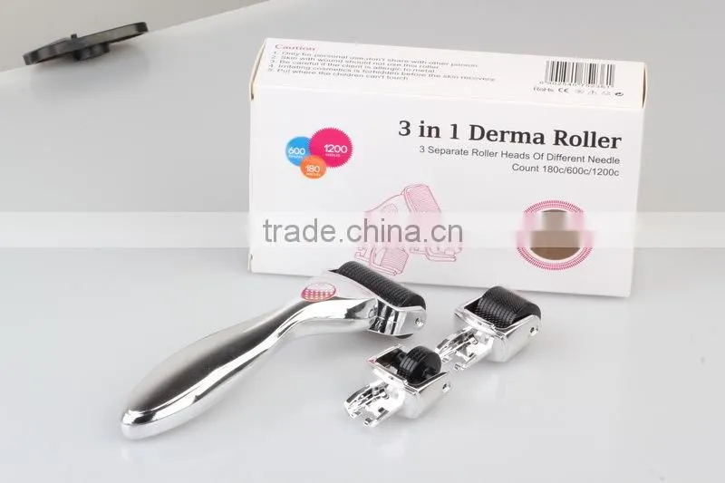 BEST ! 3 in 1 silver derma roller with 3 heads 180 /600/1200 micro needles roller