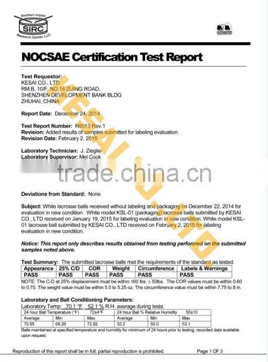 NCAA lacrosse Ball meet NOCSAE and SEI standards