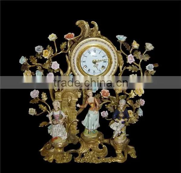 Ancient Collectable Antique Brass and Ceramic Table Clock, Decorative Lady Dancing Under Flower Tree Desk Clock