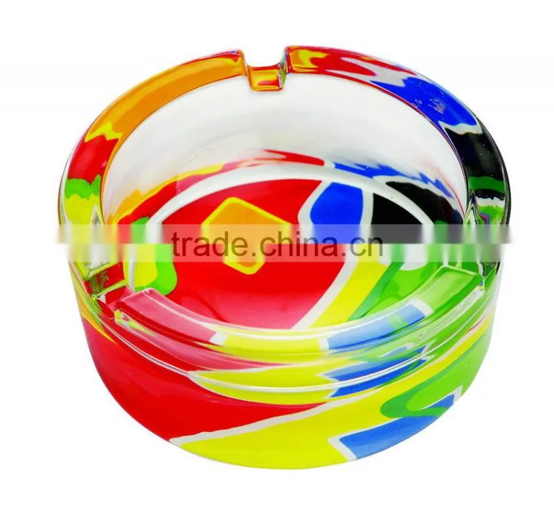 High quality glass ashtray with decal on bottom,round glass ashtray, pocket ashtray