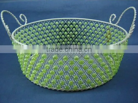 Round wire decorative with green pearl fruit handle basket