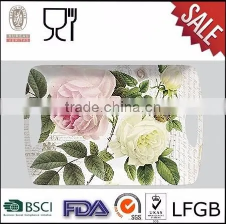 White melamine serving tray,rectangular custom printing melamine tray with handle
