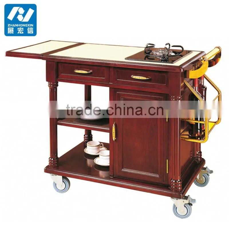 Hotel luxury flambe solid wood cooking trolley