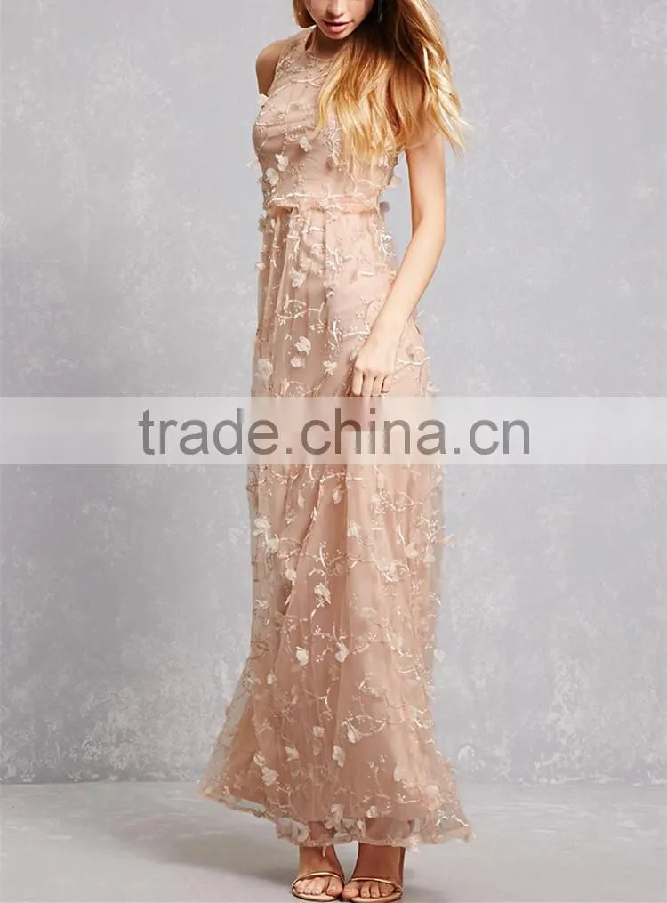 China Guangzhou clothing OEM Sleeveless Taupe Cherry Blossom Chiffon Gown