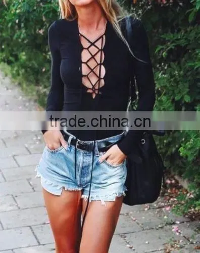 Sexy Lace-Up Women Plunge Suede Longsleeve Tie Front Bodysuit Leotard Blouse Top
