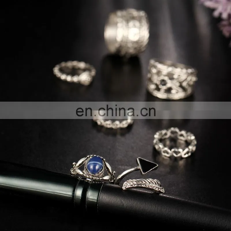 7pcs/set Retro Carved Gemstone Bohemian Gem Finger Knuckle Ring