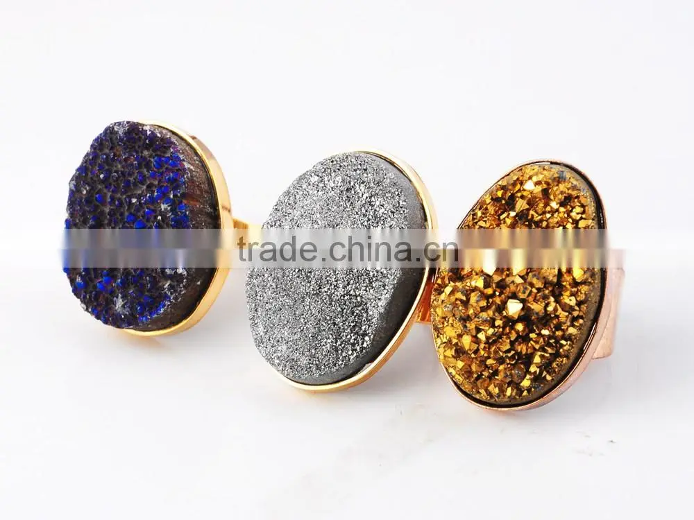 Natural Real Rough Drusy Black Agate Crystal Amethyst Rings Gemstone Ring with adjustable metal women finger jewelry