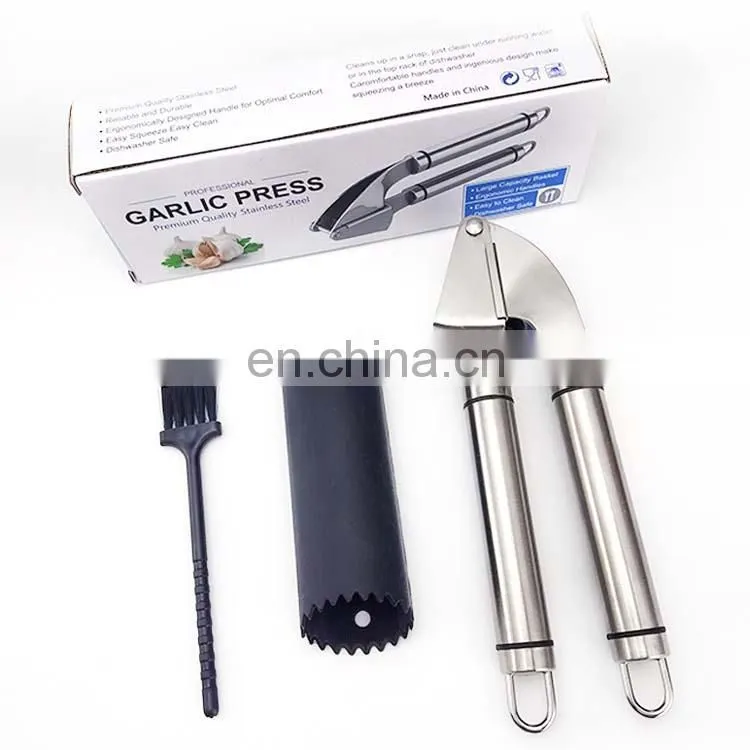 Custom Logo Amazon Online Shopping Kitchen Accessories Manual Stainless steel Garlic Press Crusher Mincer With Peeler And Brush