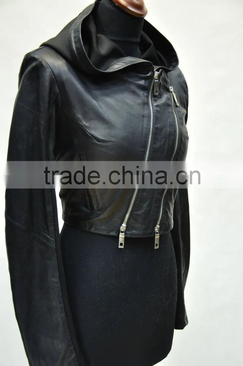 lady hooded lamb nappa leather jacket oblique zipper
