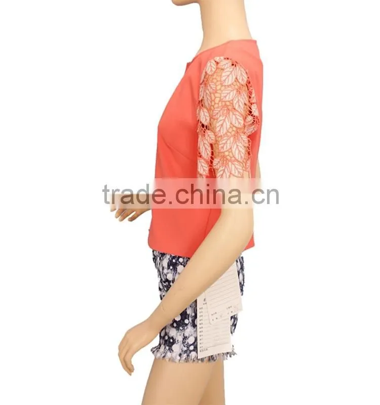 2015 Own design 100% Polyester Applique sleeve lady blouse