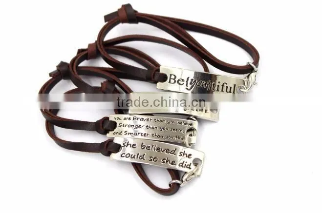 Custom jewelry OEM factory leather cord bracelet with metal charm