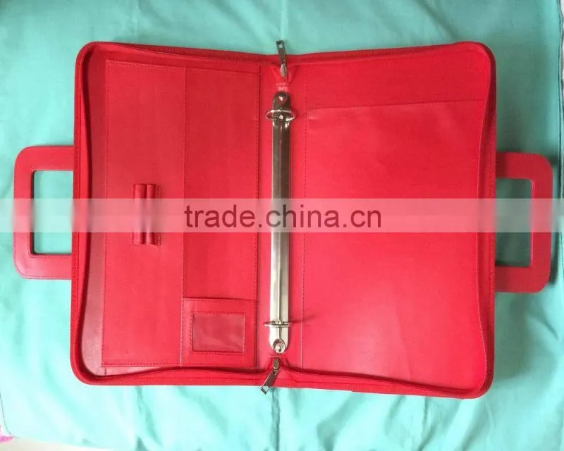 2016 Multi functional Soft A4 Magnetism leather portfolio with ring binders and retractable handle