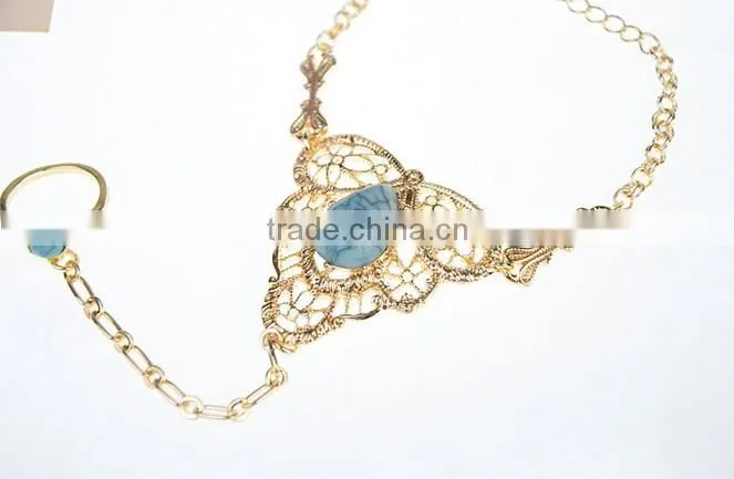Womens Gold Slave Chain Finger Ring Bangle Hand Harness Bracelet Turquoise Beads