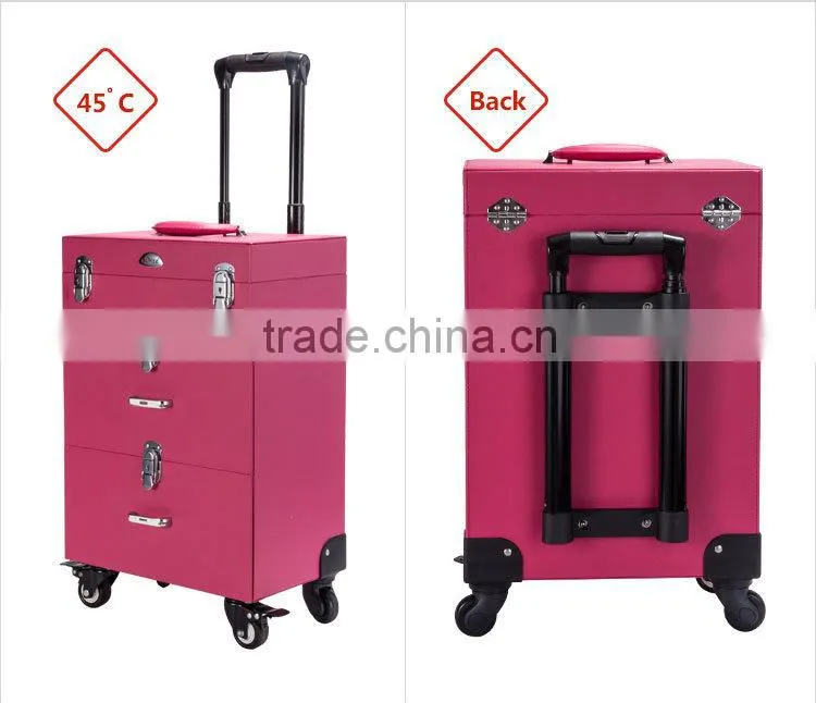 Guangzhou Wholesale Pink Pvc Rolling Cosmetic Train Case