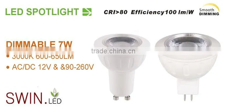 Hot Sale 7W GU10 220v led spotlights, 7W MR16 AC/DC 12V COB interior dimmable led spotlights width best price