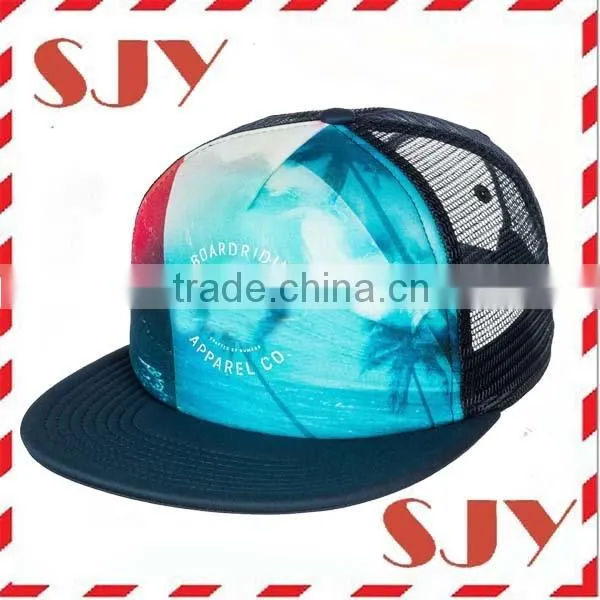 100%polyester heat transfer full mesh snapback wide brim tennis hat