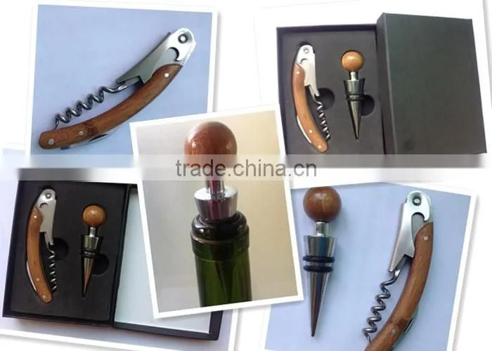 banboo handle multifunction corkscrew and wine stopper black paper box gift set