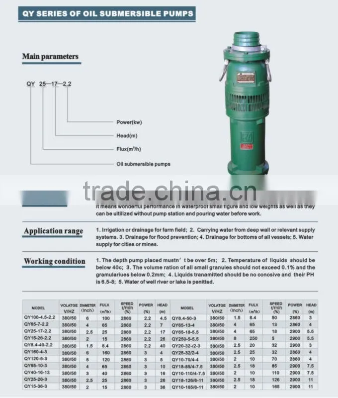 high quality QY series of oil-filled submersible pump