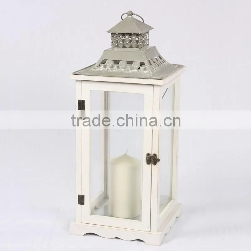 Cheap wooden lantern with metal top white color