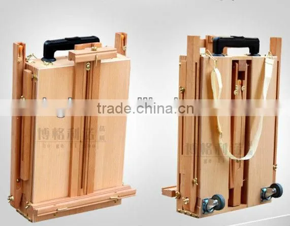 in stock 82*106*140(183)cm professional wooden sketch box easel with hand lever and omni-directional wheel