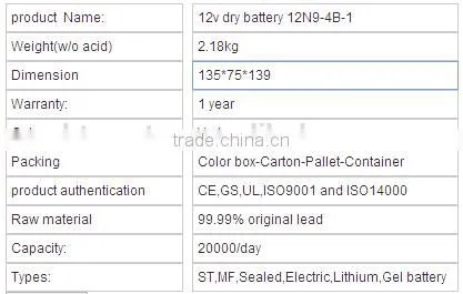 12v dry battery 12N9-4B-1