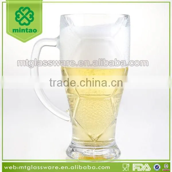 Football design clear machine made glass beer mug with handle