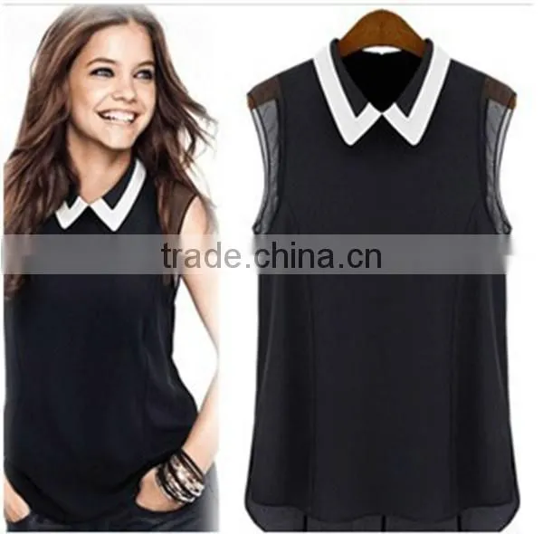 Fashion Cheap 2015 Women Clothing Shirts Spring Summer Chiffon Blouse Turn down Collar Sleeveless Shirt Black White Plus Size