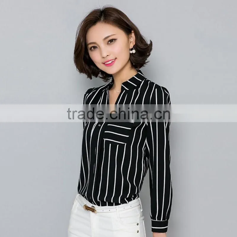 Womens Scarf Collar Long Sleeve V-neck Chiffon Striped Casual Blouse 2016