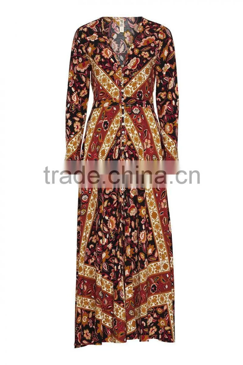 Bohemian Front Button Down Vintage Long Sleeve One Piece Maxi Dress HSd5170
