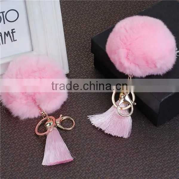 Gold Plated Pink Angora Pom Pom Ball Rayon Tassel Custom Key Chain