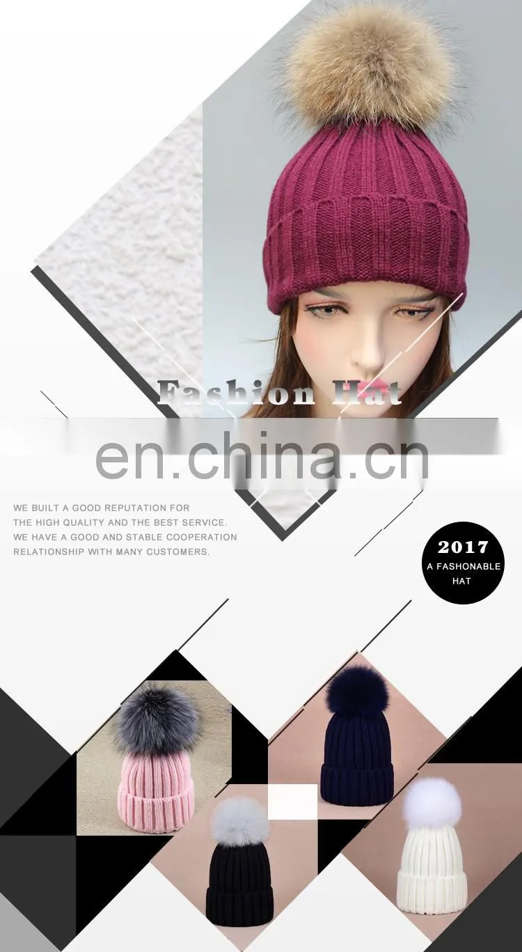 Popular women men beanie hats fur poms hats fur bobble hats wholesale pom poms hats with genuine fur ball