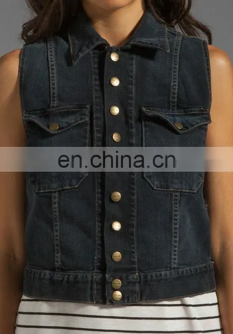 Fashion women denim vest Washed Sleeveless Snap black denim Jacket