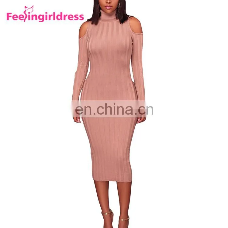 Women Sexy Cold Shoulder Knitting Sweater Long Sleeve Bodycon Party Mini Dress