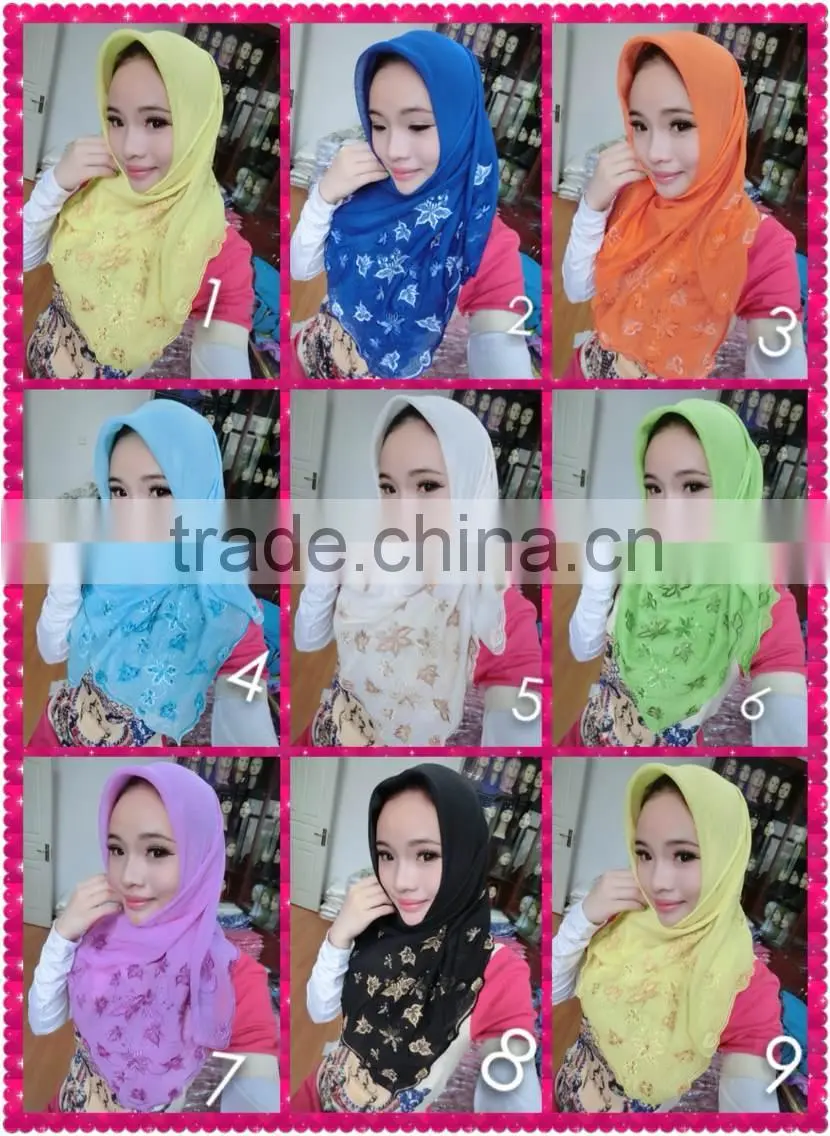 S122 newest 2014 Embroidery flower super voile muslim square scarf