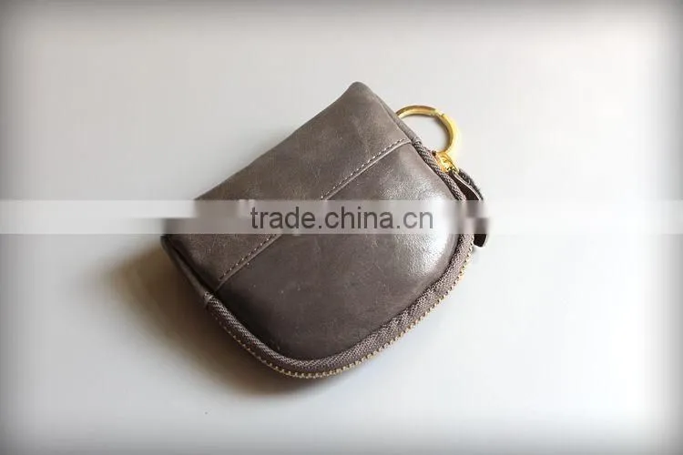 Colorful Genuine Waxy Leather Ladies Zipper Coin Purse Change Bag with keyring