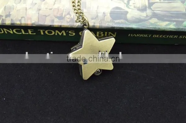 Kids lucky star pocket watch with mental key chain/necklace chain assorted patterns