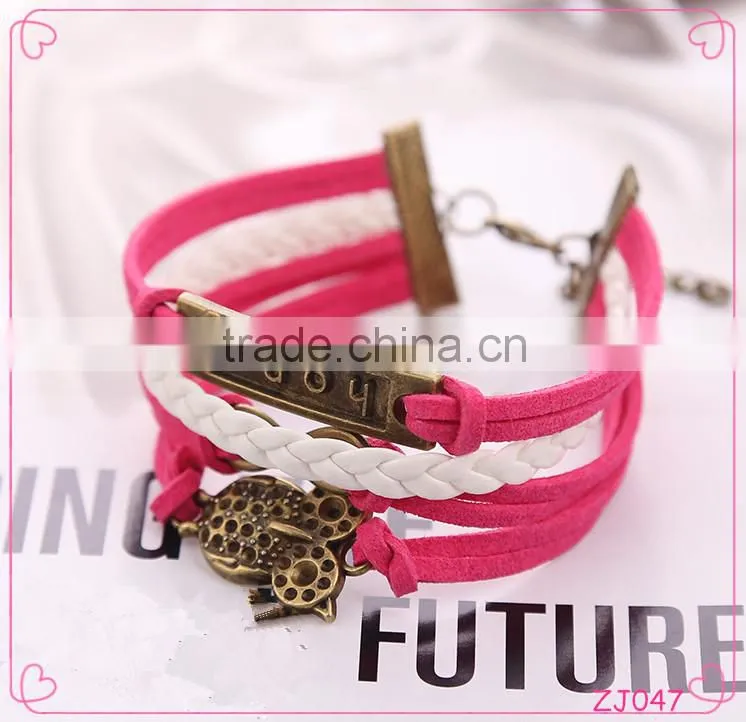 China High Quality Jewelry Vintage Owl hope Braided Bracelet in 4 pcs