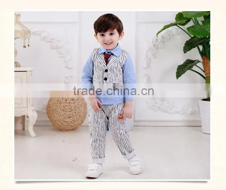 2016 Wholesale New arrival British gray Striped vest three-piece baby boy set plaid shirt with tie baby boy clothes suit