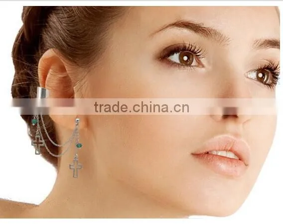 EAR CUFF - Silver Plated Post Earrings, Chain, Cross Charms, Emerald Dangle Ear Cuff - Extra Earring With Chain And Cross Charm