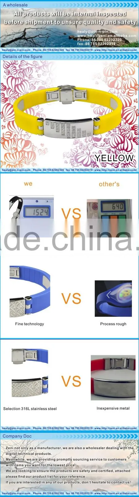Fashion silicone 316L stainless steel energy bracelet for men