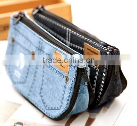 Fashion jeans pencil case with two zippers made in china