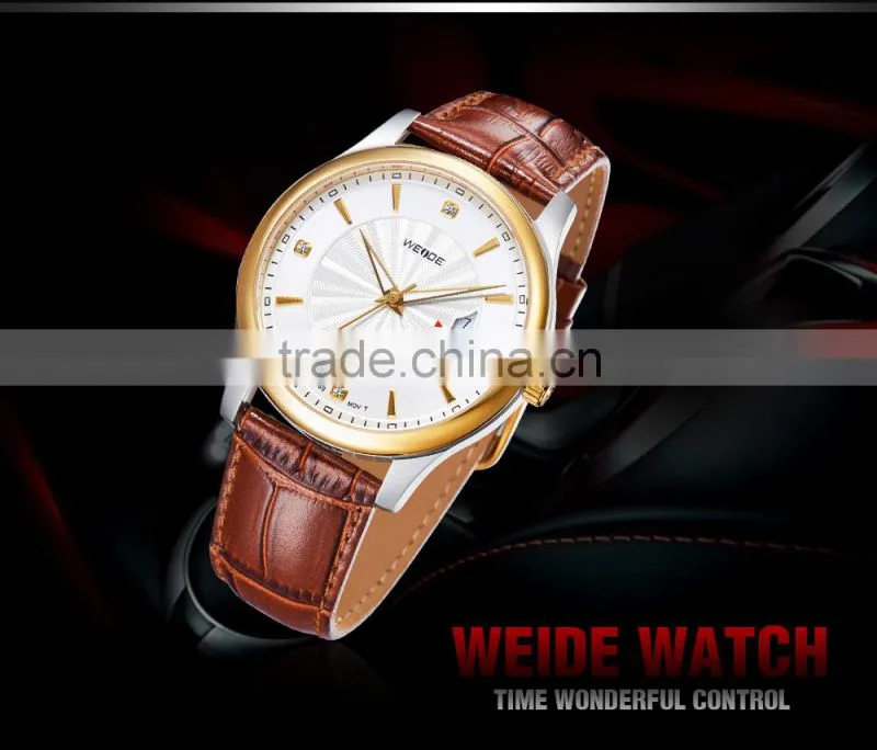WEIDE 3 Atm Water Resistant Stainless Steel Watches Leather Wrist Straps Gold Men Watch