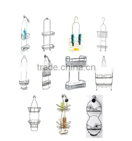 Silver Wall Mounted Bathroom Aluminum Storage Shelf Basket with Hooks