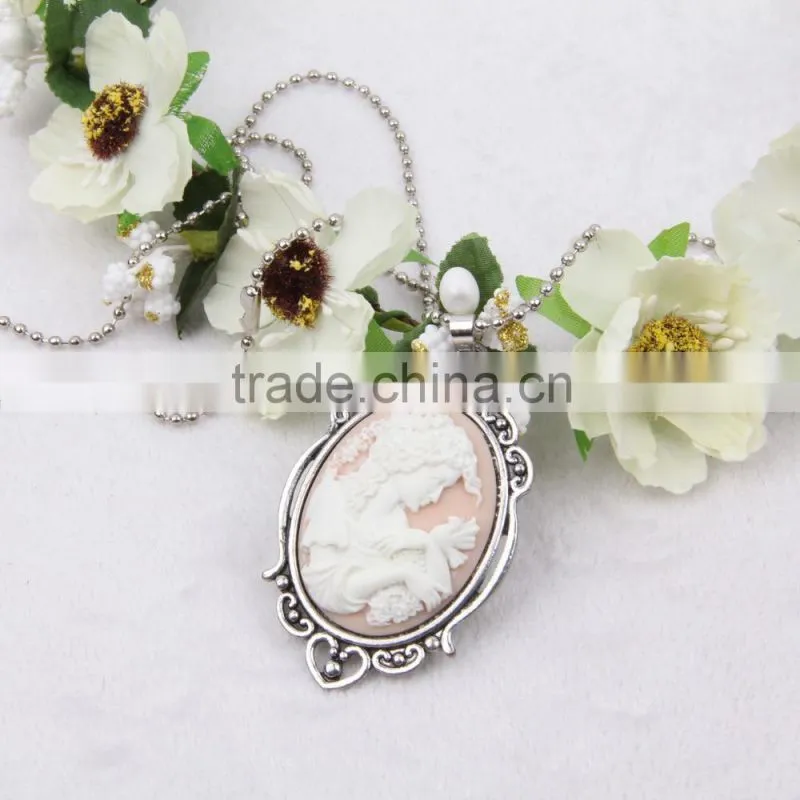 fashion jewelry necklace steampunk necklace pink beauty silhouette silver cameo pendant 2015 new party dress made in China yiwu