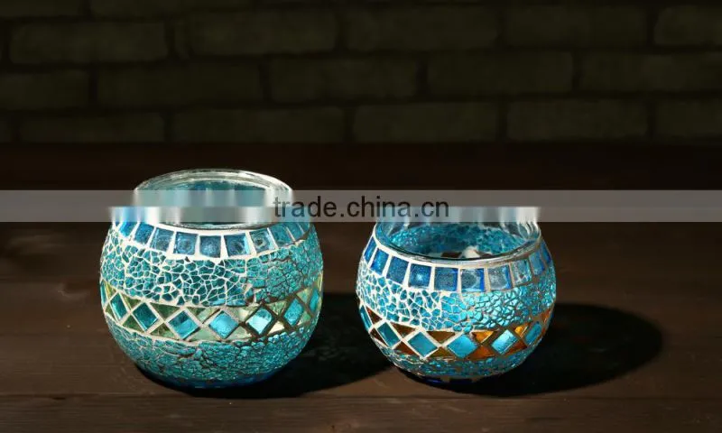 Glass Candleholder blue mosaic decor 2 size glass jar